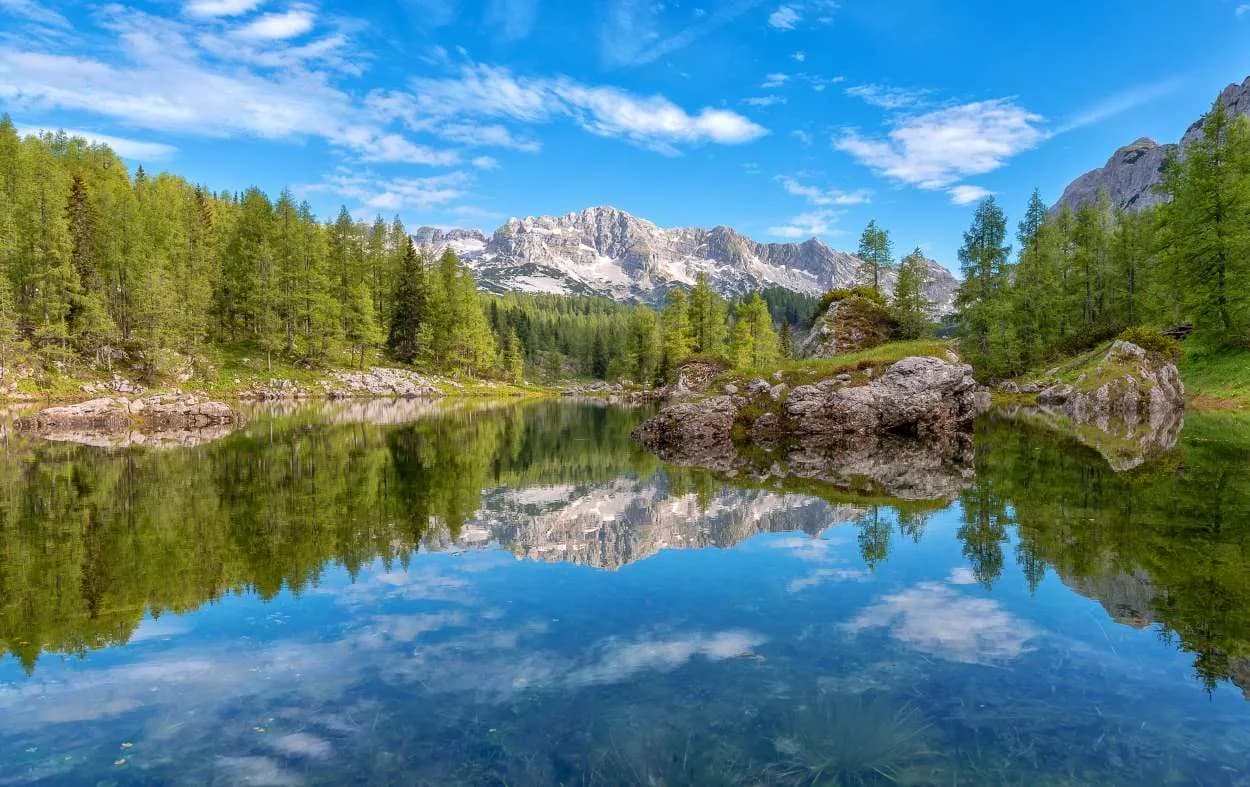 Alpine lake reflecting snow-capped mountains, green forest, and blue sky with clouds
