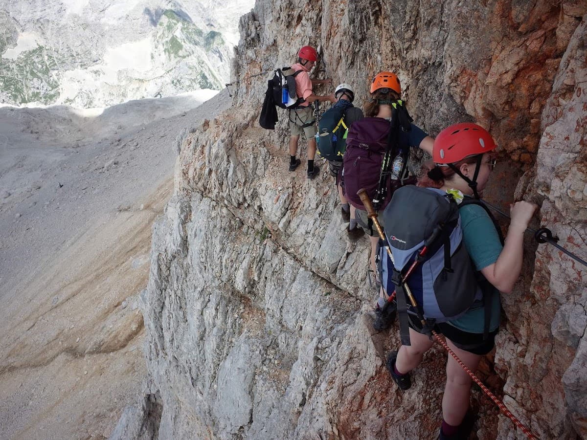 Hikers with helmets ascend a steep, rocky via ferrata path overlooking a vast mountain valley.