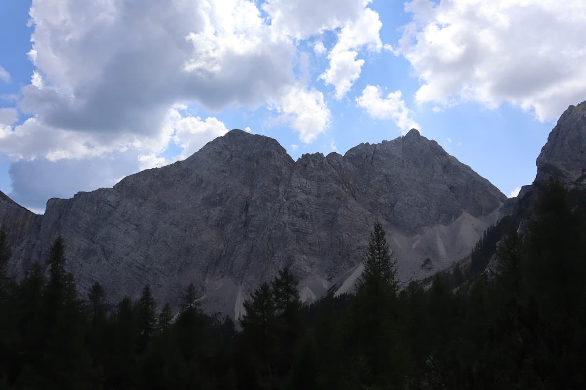 Rugged gray mountains under a cloudy blue sky above dark pine forest