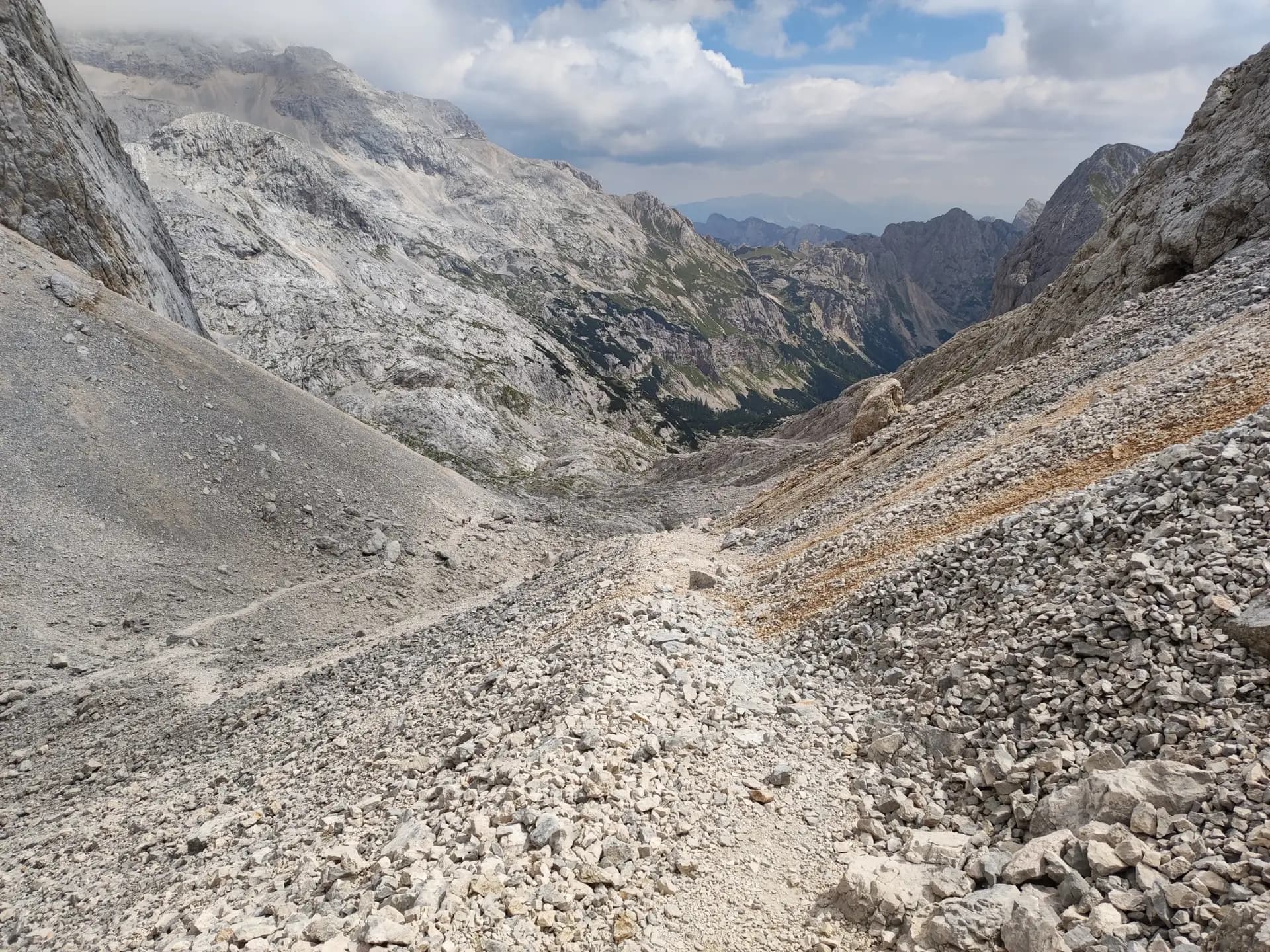 Rocky mountain trail descending into a deep alpine valley with jagged peaks.