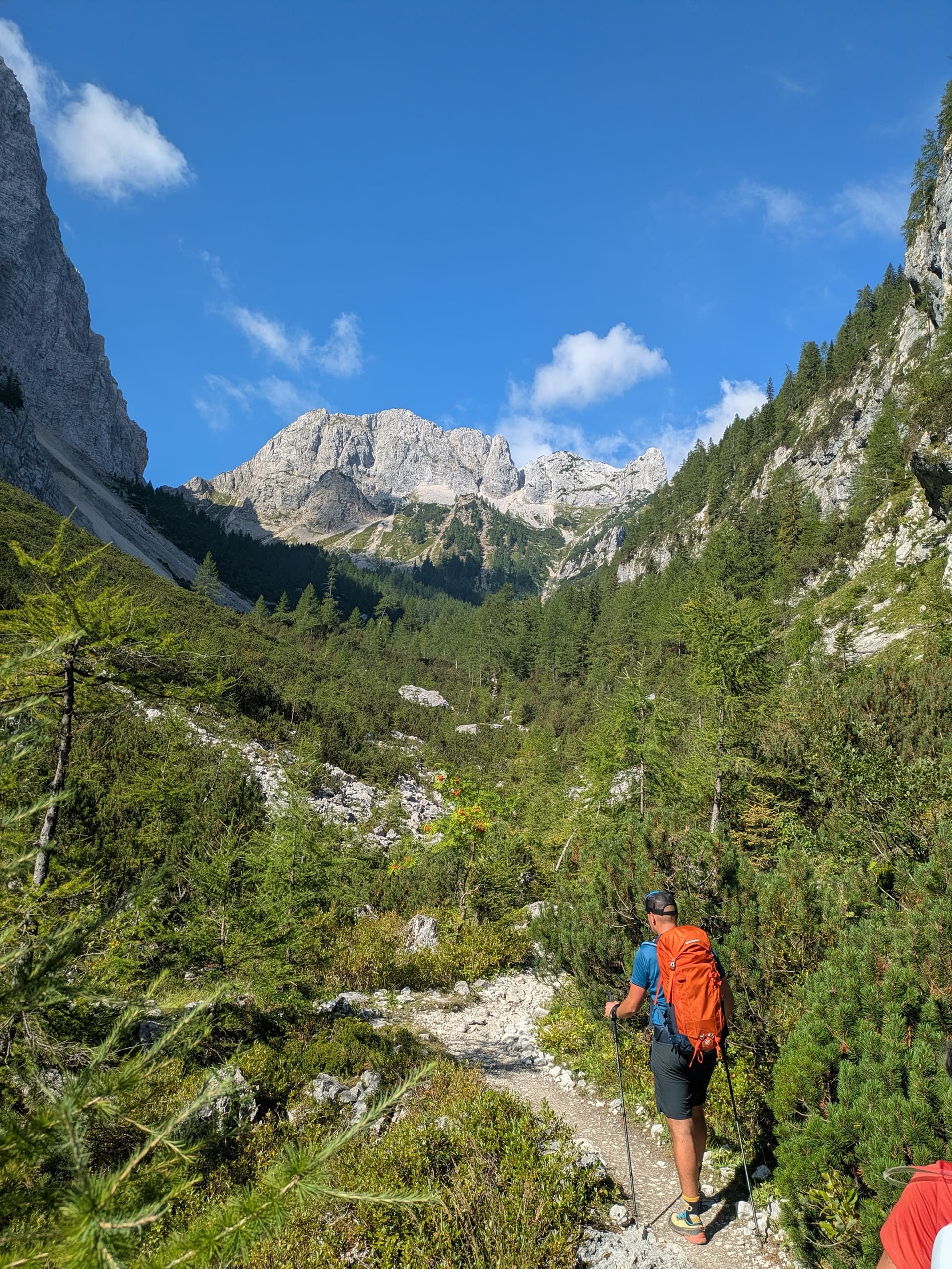 Hiker on trail in green alpine valley with rocky mountain peaks