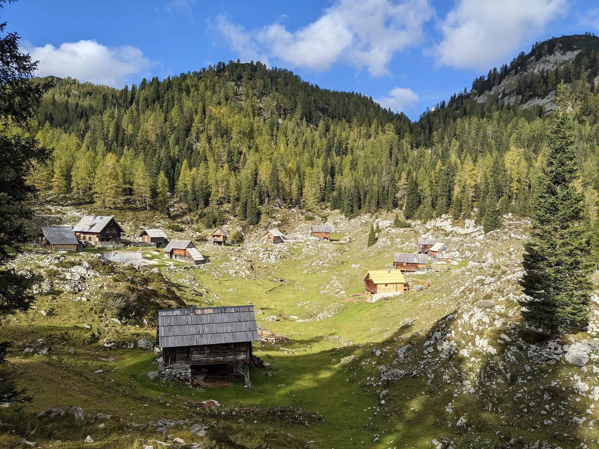 Wooden shepherd huts scattered across a green alpine pasture below forested mountains under a blue sky.