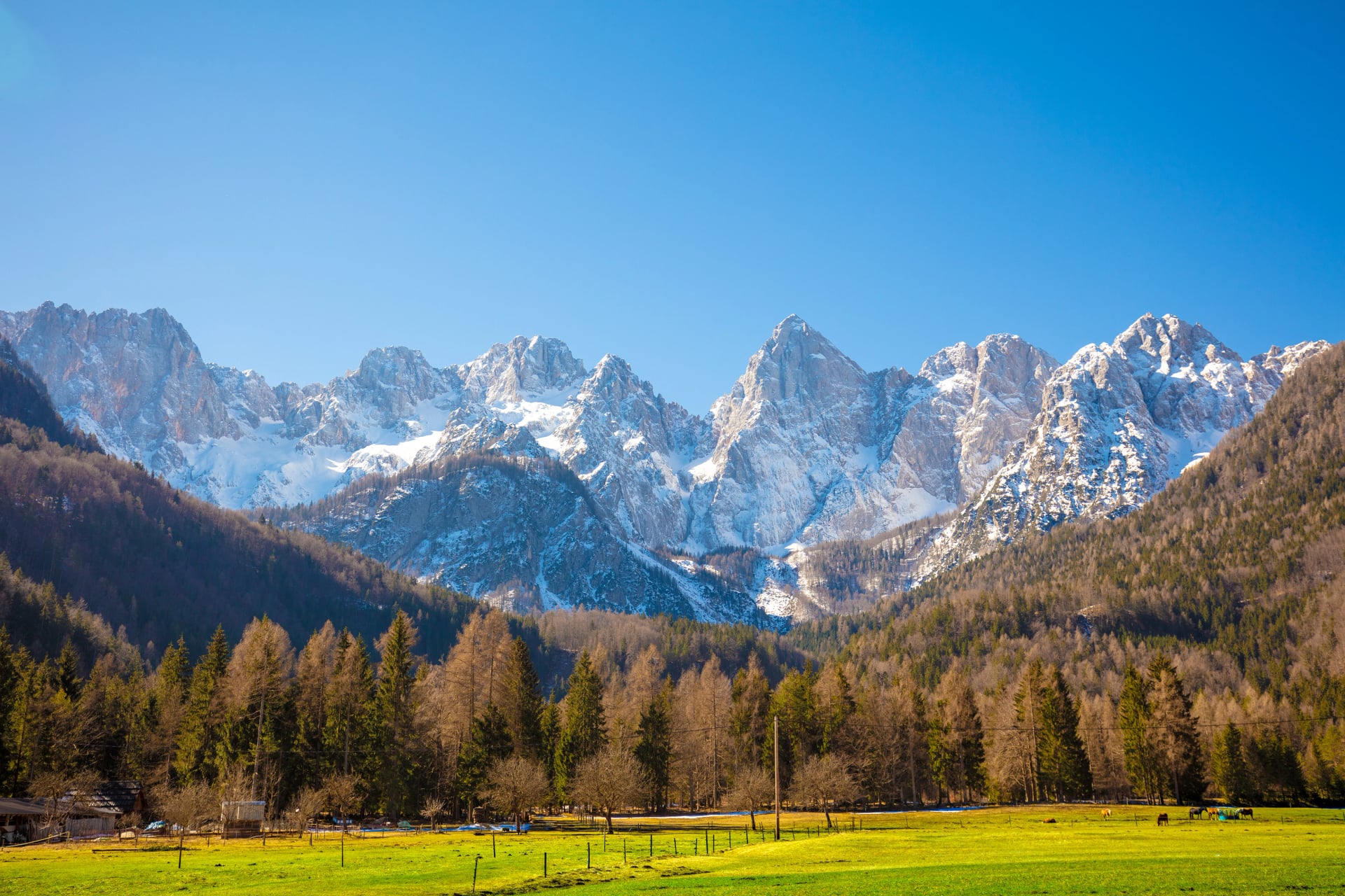 The tops of the mountains are covered with snow. Triglav national park. Slovenia, Europe