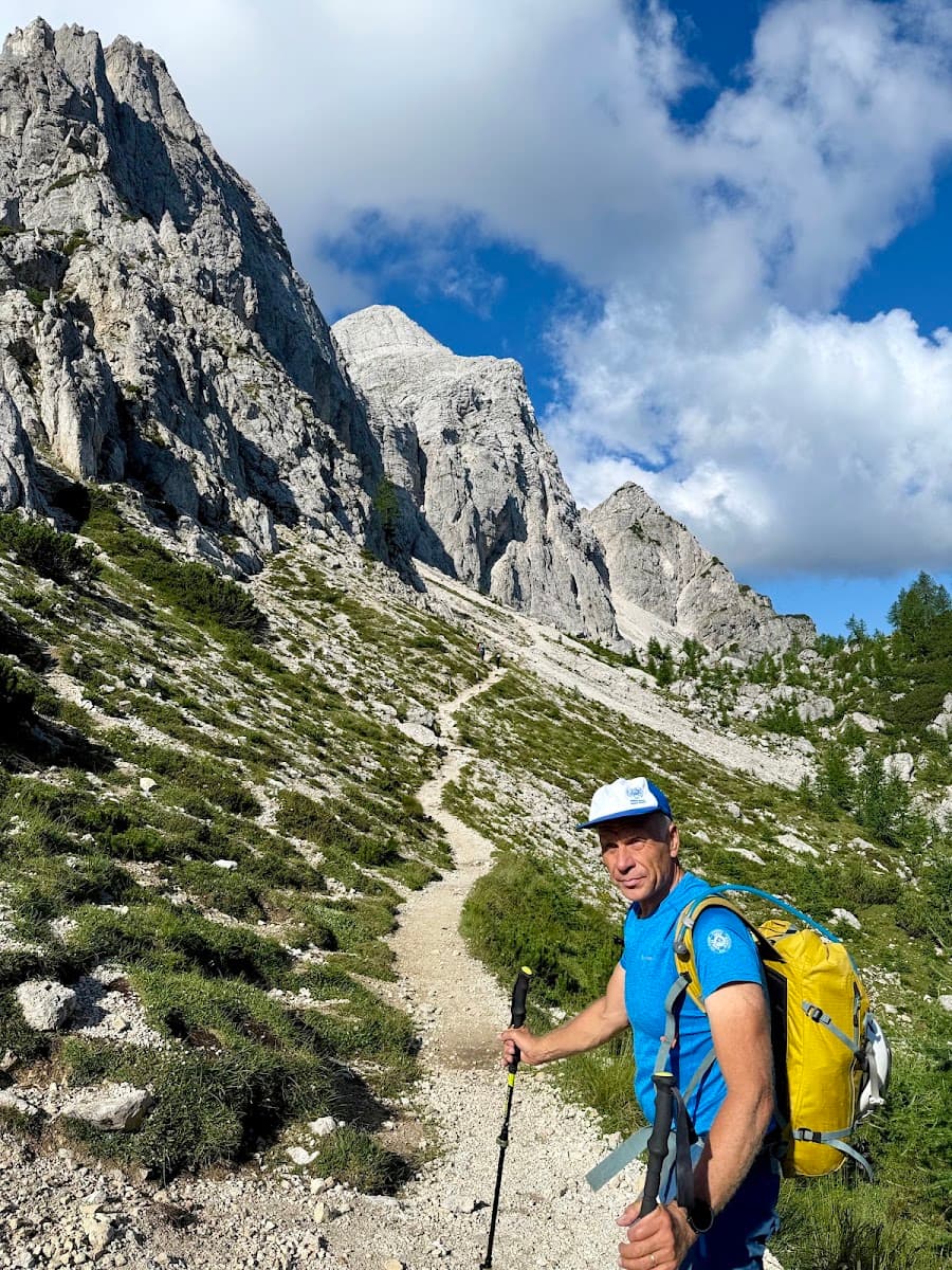 Hiker with backpack and trekking poles on alpine mountain trail