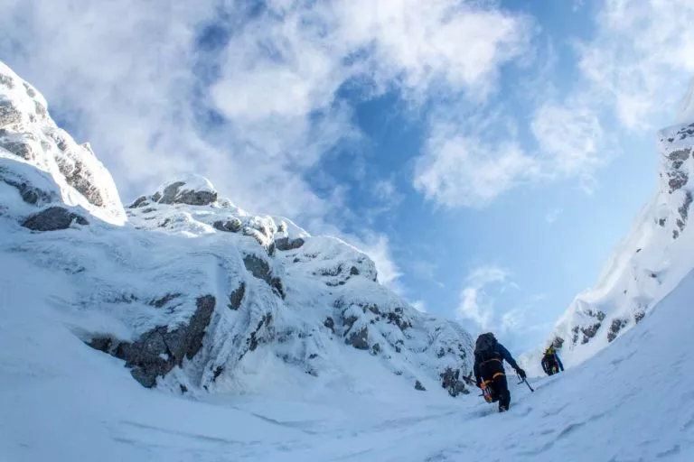 Climbing up the snow gully