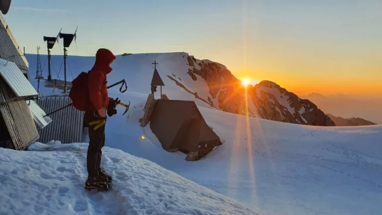 Sunrise at the Kredarica hut before the summit push Large